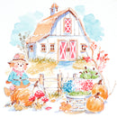 Watercolor illustration of a cozy autumn farm scene with a white barn, red doors, pumpkins, a scarecrow, flowers, and fall leaves on a white background.