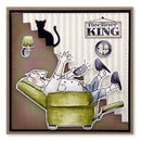 Illustration of a person lounging on a recliner with a cat and clock in the background, labeled 'Recliner King'.