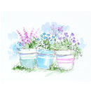 Watercolor-style illustration of three striped flower pots with pink, blue, purple, and white blossoms on a white background.
