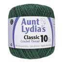 A ball of Aunt Lydia's Classic 10 Crochet Thread in a dark green color, with its white and purple paper label clearly visible.