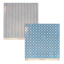 Two sheets of patterned scrapbook paper from the brand Authentique, displayed on a clean white background. The top-left sheet features vertical stripes in beige, brown, and gray, while the bottom-right sheet features a blue and white geometric medallion pattern.