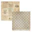 Two square sheets of patterned paper shown on a white background. The top-left sheet has a vintage newspaper collage print in beige, brown, and muted blue tones.
