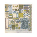 A square sheet of scrapbook paper from Papermania's Authentic Collection, featuring a collage of vintage-style labels, patterns, and decorative elements in muted blue, sage green, olive, and cream colors.