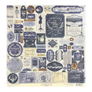 A sheet of vintage-style scrapbooking paper featuring a collage of distressed labels, badges, sewing motifs, and retro text elements in navy blue, dusty purple, beige, and cream tones.