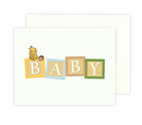 Baby blocks with letters spelling 'BABY' and a cartoon character on a white background