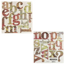 Two decorative alphabet art prints featuring patterned letters in muted earthy tones on a white background, with one print showing the alphabet and the other showing reversed letters.