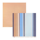 Two sheets of patterned scrapbook paper, one with a peach geometric pattern and the other with vertical stripes in blue, brown, beige, navy, and white, displayed on a white background.
