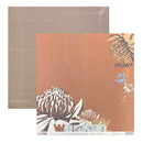 A square scrapbook paper sheet with a floral design in terracotta orange, brown, white, and small blue accents, shown in front of a plain taupe backing sheet. The brand name 'Watarah' is visible at the bottom of the patterned sheet.