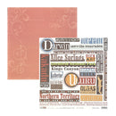 A sheet of double-sided scrapbook paper from BTDT Designs, featuring a salmon pink patterned side and a white side with various colorful travel-themed words and phrases like Darwin, Uluru, and Alice Springs.