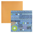 A square patterned paper sheet with a blue background and multicolored text reading 'Riverside Markets' and place names, shown in front of a plain orange sheet with a fine dot pattern on a white background.