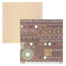 A sheet of patterned scrapbook paper shown with a second plain beige backing sheet behind it. The main sheet features city names and place names including Adelaide, Zoo, Peace Park, and Harbour Town, with a brown, beige, green, and red patterned design.