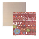 A sheet of patterned scrapbook paper featuring a colorful city design labeled 'Richmond' with text elements like 'Hobart', 'Port Arthur', and 'Salamanca Place', shown with a second plain beige patterned paper sheet behind it on a white background.