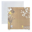 A square decorative paper design shown on a white background, featuring a tan dotted field with coral-like botanical silhouettes in white, yellow, and dark brown, plus a large 'kangaroo paw' label and small product text at the bottom.