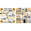 A sheet of Halloween-themed stickers or decal designs on a white background, featuring phrases like 'Trick or Treat', 'MAGIC EEEK!', 'Pumpkin Carving', 'Halloween Memories', 'Spooky', 'Smiles', 'Cuteies', 'BO party', and decorative graphics such as pumpkins, flowers, bats, ghosts, and spiderwebs in black, orange, and yellow.