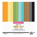 Bella Blvd Zoo Day Collection Kit paper craft sheets showing 12 different patterned paper designs in orange, yellow, green, blue, brown, and black and white checkered patterns.