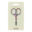 Bohin France fancy scissors with a vibrant floral pattern on the handles, mounted on a light beige patterned cardboard backing card.