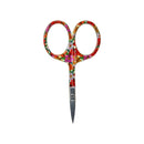A pair of scissors with a vibrant, multicolored floral patterned handle and silver stainless steel blades, shown against a plain white background.