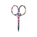 A pair of scissors with floral-patterned handles on a solid white background.