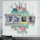Scrapbooking layout with heart designs, photos, and decorative elements on a white background.