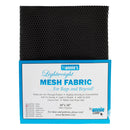 A black mesh fabric sample carded on a white backing with a blue border. The backing card is branded 'byannie's' and reads 'Lightweight MESH FABRIC'.