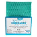 A teal green lightweight mesh fabric pouch with its product packaging label byannie's. The label details the features and specifications of the mesh fabric.