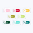 Nine square ink pads arranged in a 3-by-3 grid on a light gray background. Each pad has rounded corners, a white border, and a different color center with a circular 'CP' logo and the names of flavors or shades: Cotton Candy, Rockin' Red, Tiara, Martini, Garden Party, Deck the Halls, Cummerbund, and Uptown.