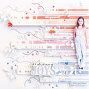 Decorative layout with text 'ordinary JOYS' and a person in a pink shirt and white overalls.