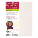 Back cover of a Carol Doak's Foundation Paper pad showing product information, dimensions, sheet count, usage notes, a small portrait photo, and a barcode on a white background.