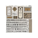 A sheet of decorative scrapbook paper featuring vintage-style labels, warning signs, decorative text elements, and black lettering/numerals on a white background.