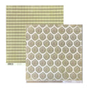 Two patterned paper sheets overlapping on a white background. The top sheet has a repeating diamond pattern in olive green and cream, and the bottom sheet has a repeating wreath with a bird pattern in olive green and cream.