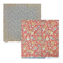 Two square sheets of patterned paper shown overlapping on a white background. The top-left sheet has a dense small floral print in cream on a muted blue-gray background.