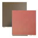 Two square craft paper sheets overlapping on a white background, one in dark brown and one in muted terracotta red. The red sheet is in front and has a small printed brand label at the bottom right.