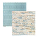A square sheet of patterned scrapbook paper with a winter snowflake design. The top half is a muted teal blue with the words 'snowstorm' and 'flurry' repeated, while the bottom half is a warm beige with the same words in a lighter blue-gray tone.
