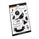 A clear stamp sheet package featuring black holiday-themed stamp designs, including birds, holly leaves, snowflakes, and festive phrases, shown on a white background.
