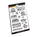 A sheet of clear acrylic or rubber stamp designs mounted on a black backing card, featuring holiday phrases such as 'Eat, drink, and be merry', 'Single all the way', 'Have a joyful holiday season', 'Peace on earth', and 'Merry Christmas'.