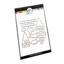 A sheet of metal die-cutting templates featuring Christmas tree and holiday shapes, presented on a white backing card with a black border and a colorful logo at the top.