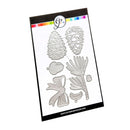 A sheet of metal die-cutting templates featuring pinecones, leaves, and botanical shapes, presented on a white backing card with a black border and a colorful logo strip.
