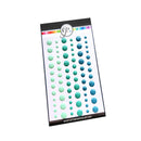 A sheet of round adhesive stickers in a gradient of mint green to teal and blue, presented on a black backing card with a circular 'CP' logo at the top.