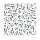 A square graphic design featuring a repeating holly pattern with white and gray leaves and dark gray berries, centered on a white background.