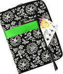 A black and white floral patterned planner cover with a bright green horizontal band and a white pocket holding a pink and yellow pen and a ruler. The brand name 'ChicoGoo' is visible on the pocket and the tag.