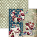 Two square decorative paper sheets with vintage floral and butterfly designs, one featuring a blue and cream damask pattern and the other a multicolor floral collage with roses, butterflies, birds, and script text.