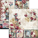 A collage of vintage-style decorative paper or scrapbook sheet designs featuring floral arrangements, script writing, butterflies, envelopes, a typewriter, clocks, windows, and ornate gold flourishes on aged cream backgrounds.