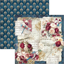 Two decorative paper or fabric design sheets shown on a plain white background. One sheet features a repeating teal damask pattern with cream floral motifs, and the other is a vintage-style collage with torn paper, cursive writing, roses, butterflies, and ornate gold details.