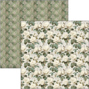 Two square sheets of patterned paper shown on a white background. The left sheet has a muted sage green damask pattern, and the right sheet features a cream and green rose floral print.