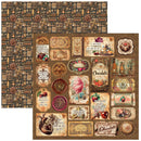Steampunk-themed scrapbooking paper sheet with a brown background, featuring a detailed pattern of gears, cogs, and pipes alongside multiple decorative vintage labels, wax seals, and chocolate-themed illustrations.