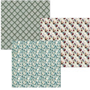 Three overlapping patterned paper sheets on a white background: one with a muted green damask design, one with a teal and white floral print, and one with a cream background and red floral motifs.