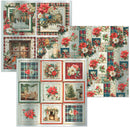 Three square holiday-themed patterned sheets or cards arranged on a white background, featuring vintage Christmas scenes, poinsettias, plaid borders, ornaments, and floral motifs.