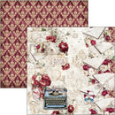 A vintage-themed scrapbook paper sheet with a floral and typewriter collage design, shown alongside a coordinating damask patterned paper backing on a white background.
