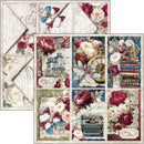 A set of vintage-themed scrapbooking paper sheets featuring floral designs, butterflies, a clock, books, a typewriter, and postmarks on aged paper backgrounds.