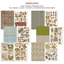 Collection of sports-themed scrapbooking paper sheets with various patterns and images on a white background.